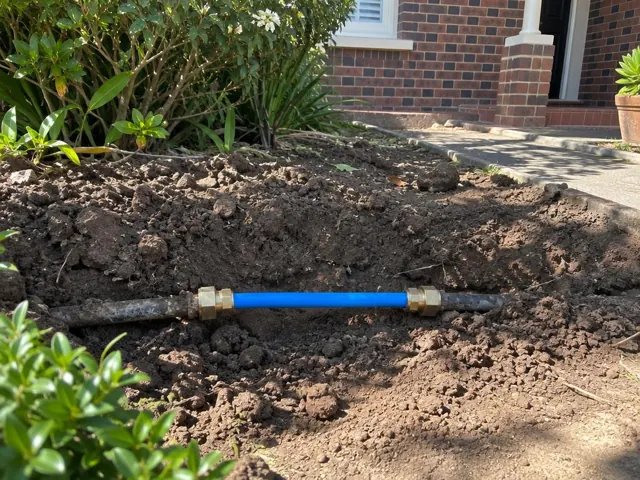 Exposed repaired water pipe in a dirt trench beside a brick house in Gordon