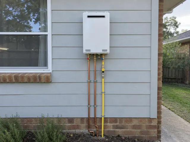 Outdoor wall-mounted hot water unit with copper and yellow pipework beside a house window in St Ives